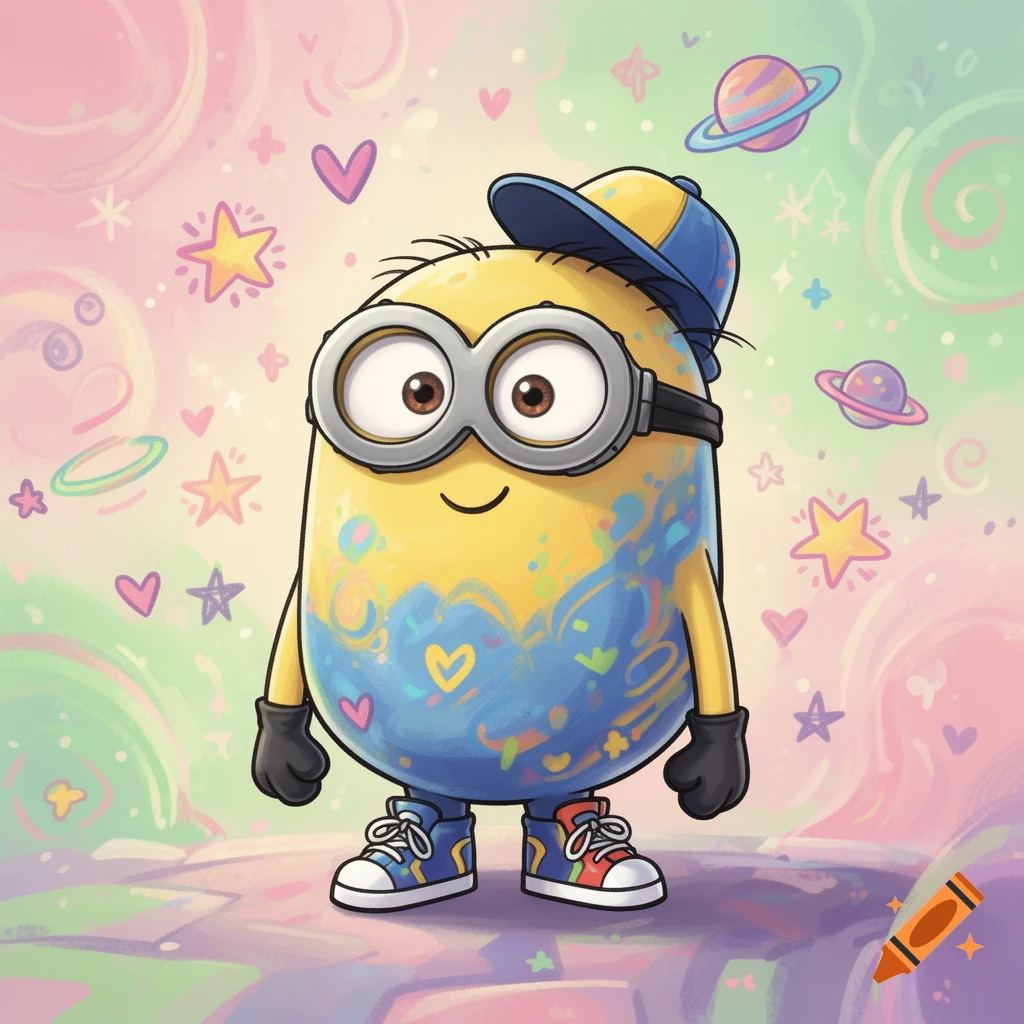 Cute cartoon Minion-like character with a blue cap, goggles, and colorful paint splatters, standing on a whimsical pastel background with stars and planets.