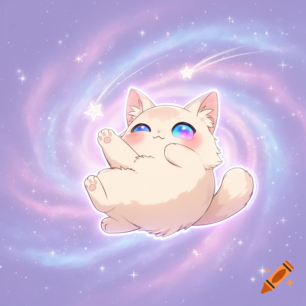 A cute kawaii anime cat with large blue and purple eyes floats in a pastel lilac galaxy filled with sparkly stars, in digital art style.
