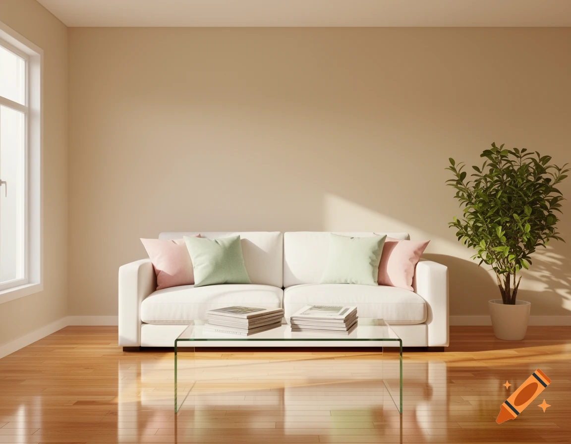 A bright, minimalist living room with a white sofa, glass coffee table, and a potted plant by a window.