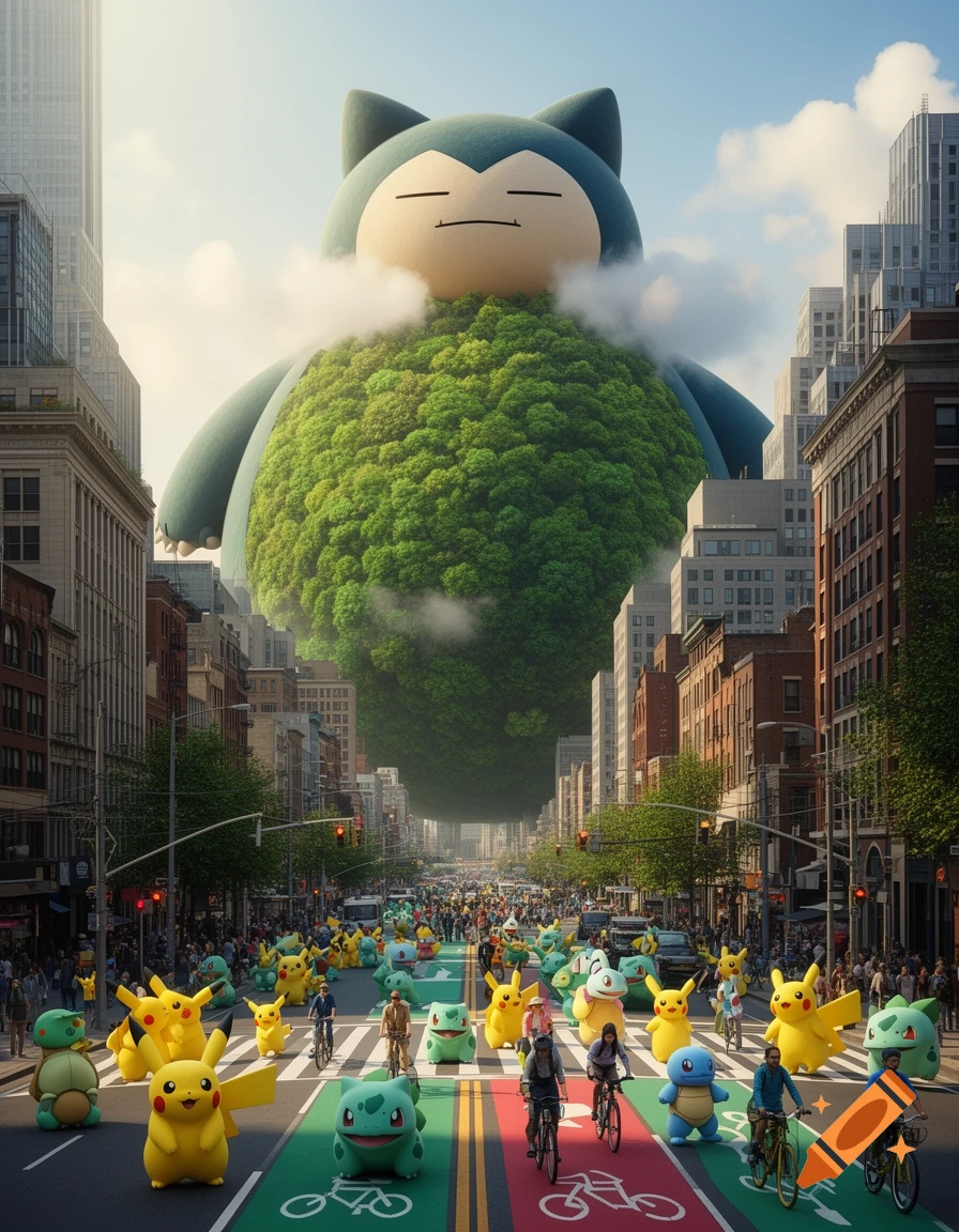Giant Snorlax covered in trees looms over a city street filled with people, bicycles, and many smaller Pokémon like Pikachu, Bulbasaur, and Squirtle.