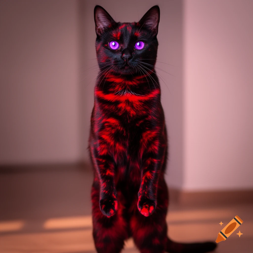 A striking black cat with vibrant red patterns on its fur and glowing purple eyes stands upright on its hind legs, looking directly forward.