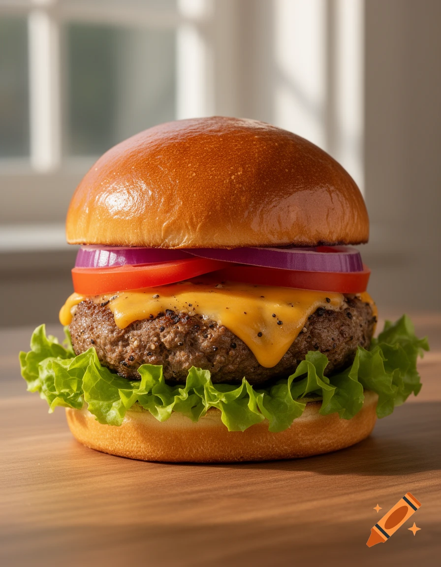 Photorealistic close-up of a hamburger with lettuce, cheese, patty, tomato, and onion on a shiny bun, on a wooden surface.