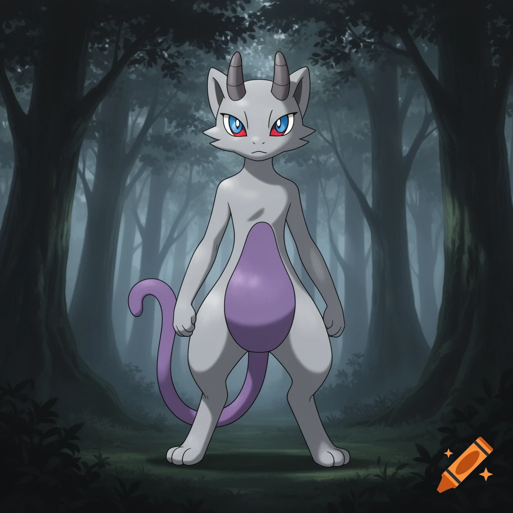 A gray, bipedal, feline-like Pokémon with purple underbelly and tail, red eyes with blue pupils, and small horns, stands in a dark forest.