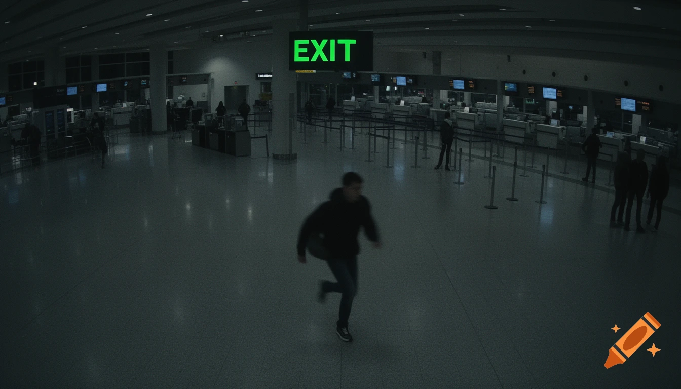 A blurry young man runs through a dark, grainy airport terminal under a bright green 'EXIT' sign, resembling CCTV footage.