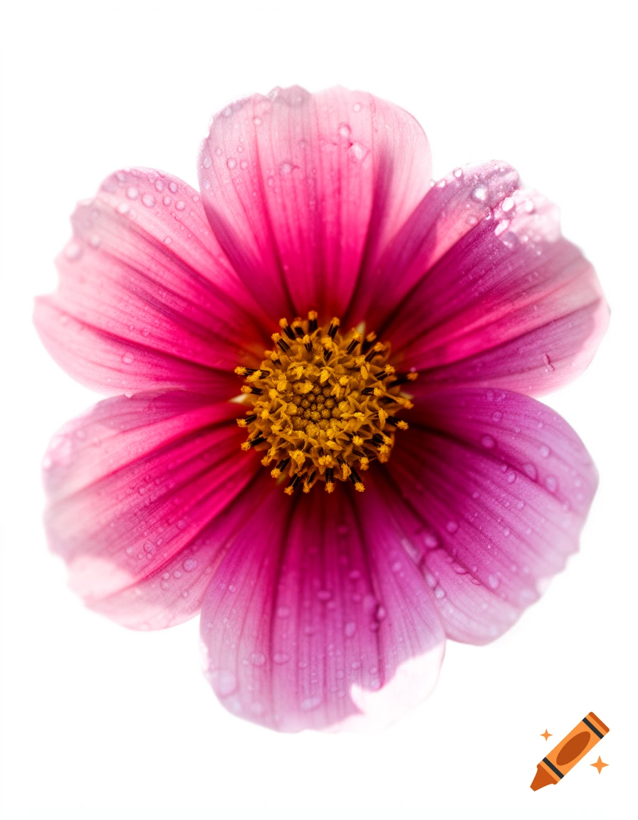Close-up of a vibrant pink flower with water droplets on its petals against a white background.