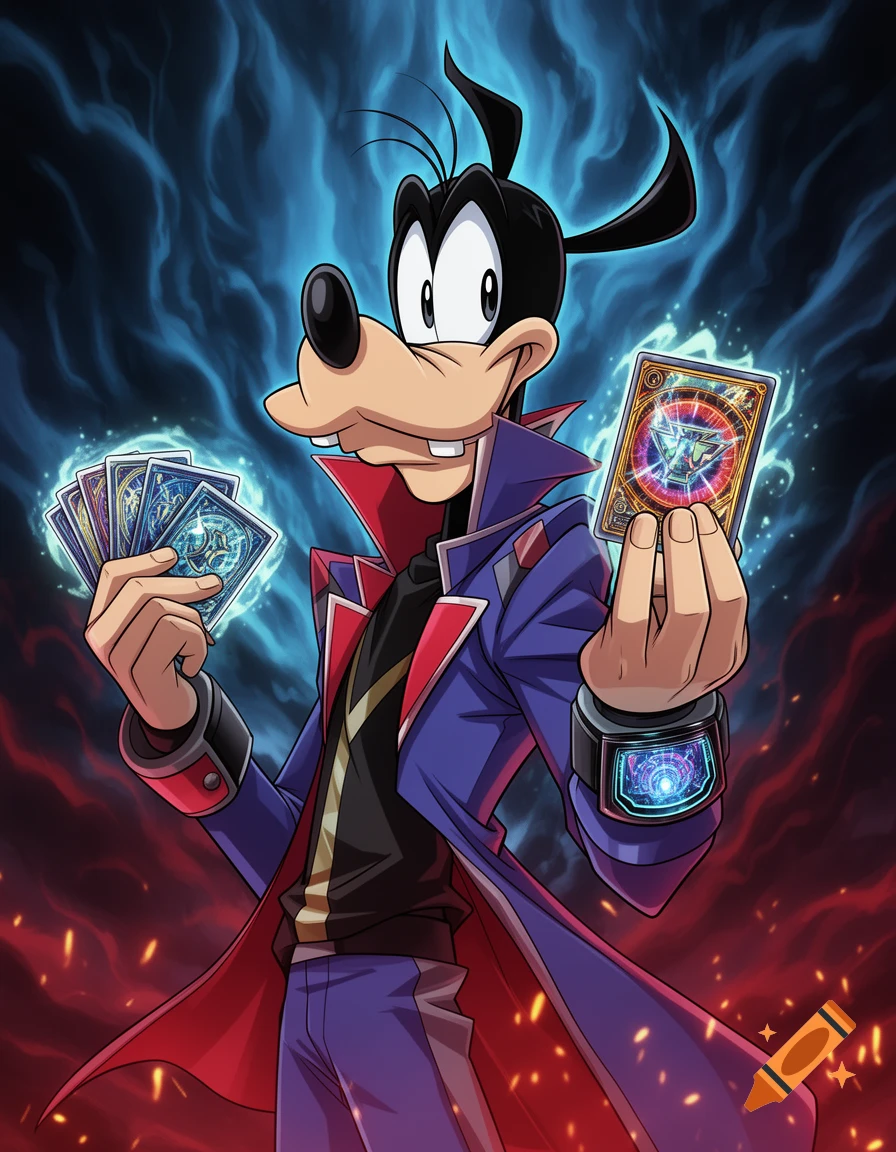 Anime Goofy in a purple and red trench coat holds glowing cards, a duel disk on his wrist, against a dynamic blue and red background.