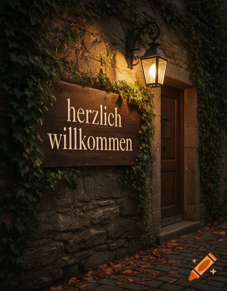 A warmly lit sign reading "herzlich willkommen" (welcome) on an ivy-covered stone wall next to a wooden door at dusk, with fallen leaves on the cobblestone path.