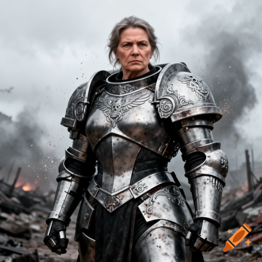 A stern woman in ornate full plate armor stands amidst the rubble and smoke of a destroyed city in a photorealistic style.