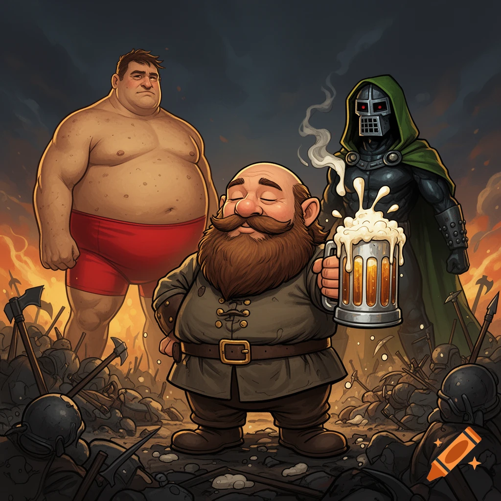 A cartoonish dwarf holds a foamy mug of ale, with a large man in red trunks and a Dr. Doom-like figure on a chaotic battlefield.