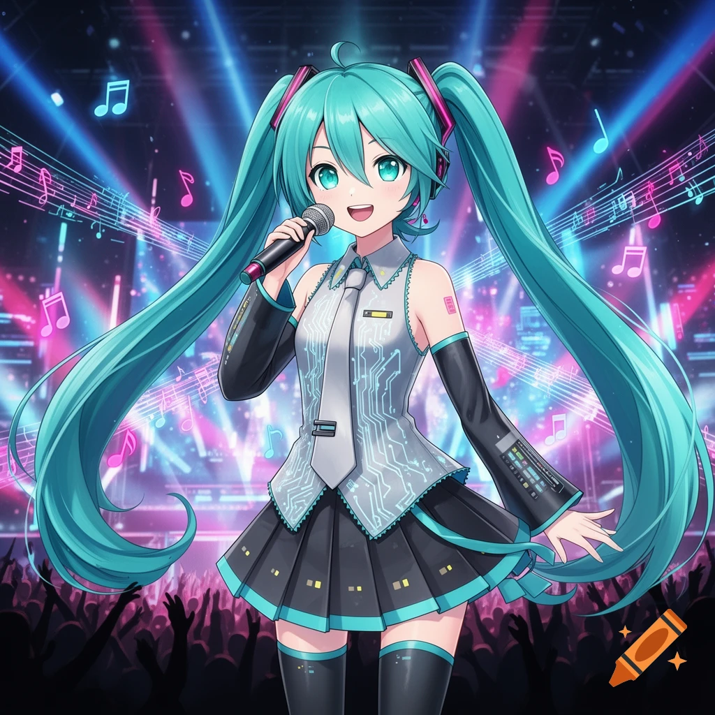 A vibrant anime-style illustration of Hatsune Miku with long turquoise pigtails, singing into a microphone on a stage with glowing neon lights and a cheering crowd.