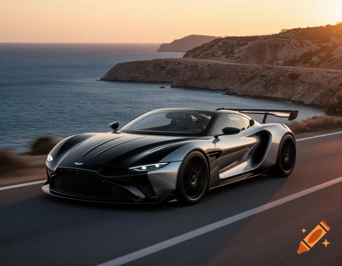 Photorealistic black and silver sports car with a rear wing driving on a coastal road at sunset, with the sea and hills in the background.
