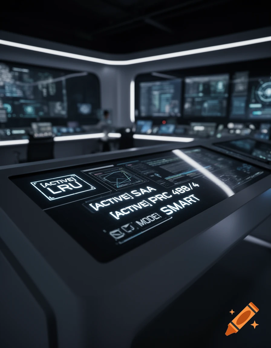 A dark, futuristic control room with a glowing central console displaying 'ACTIVE LRU', 'ACTIVE SAA', 'ACTIVE PRC 488/4', and 'MODE SMART' text, surrounded by numerous other screens.