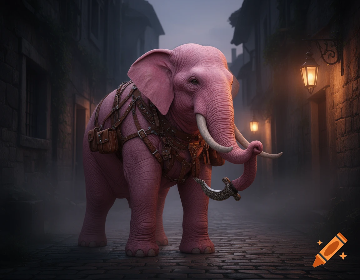 A pink elephant, resembling a loxodon, wears leather harnesses and holds a dagger in its trunk, standing in a misty, lantern-lit alley.