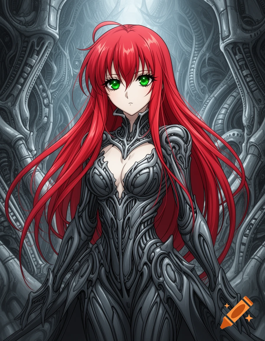 Anime girl with long red hair and green eyes wearing a detailed biomechanical suit in a Giger-inspired setting.