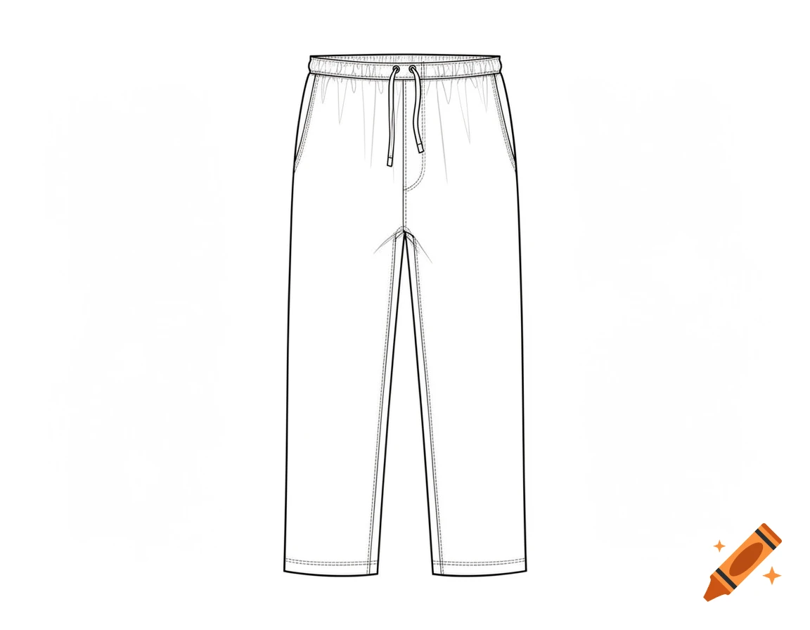 Minimalist line art drawing of men's pajama pants with a drawstring elastic waistband and two-needle seams.