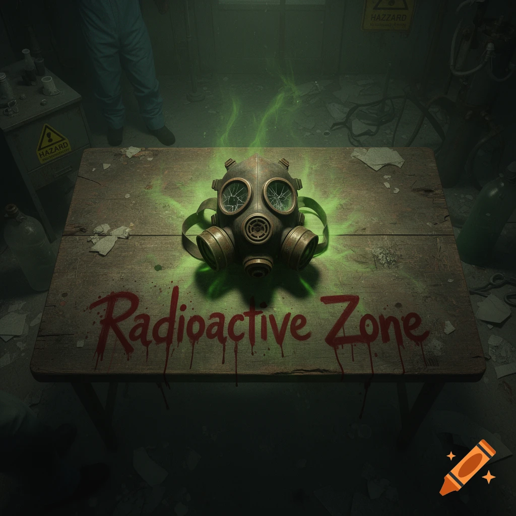 An overhead shot of a dirty wooden table with a gas mask glowing green, and "Radioactive Zone" written in red, dripping text. A person's legs are visible in the background of a dark, cluttered room.