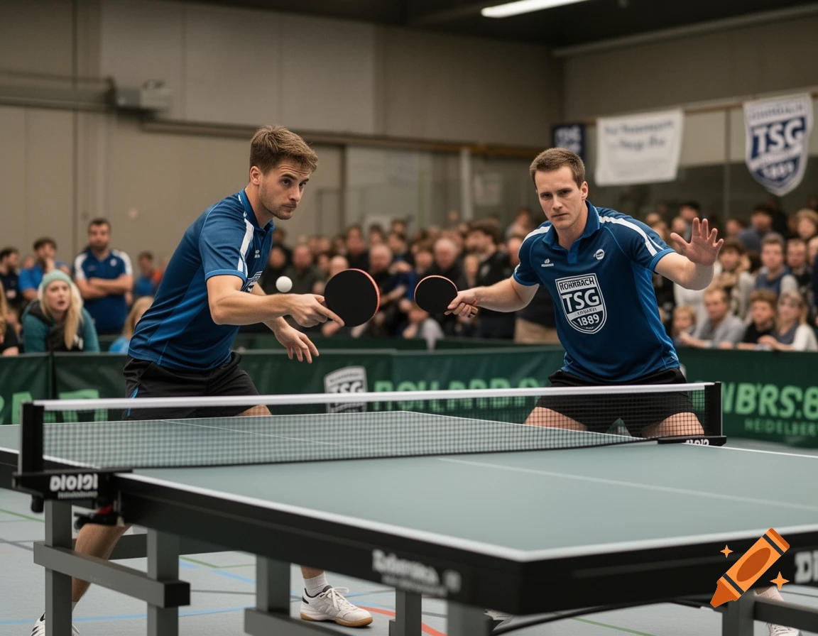 Two male athletes in blue shirts play table tennis in a competitive match, with a crowd watching in the background.