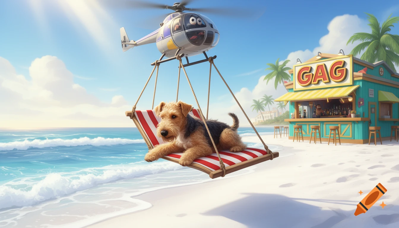 A cartoon wire-haired fox terrier on a striped beach chair lifted by a helicopter over a sandy beach with a 'GAG' bar in the background.
