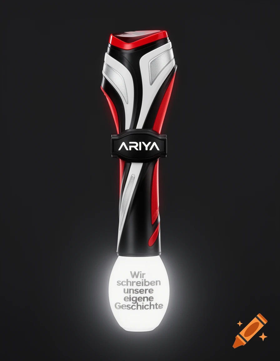 A black, white, red, and silver K-pop light stick with "ARIYA" on the handle and "Wir schreiben unsere eigene Geschichte" on the glowing bulb.