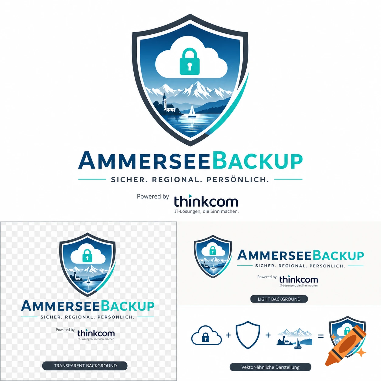 A professional logo featuring a shield with a cloud, lock, mountains, lighthouse, and sailboat for AmmerseeBackup. Variations with text descriptions are shown.