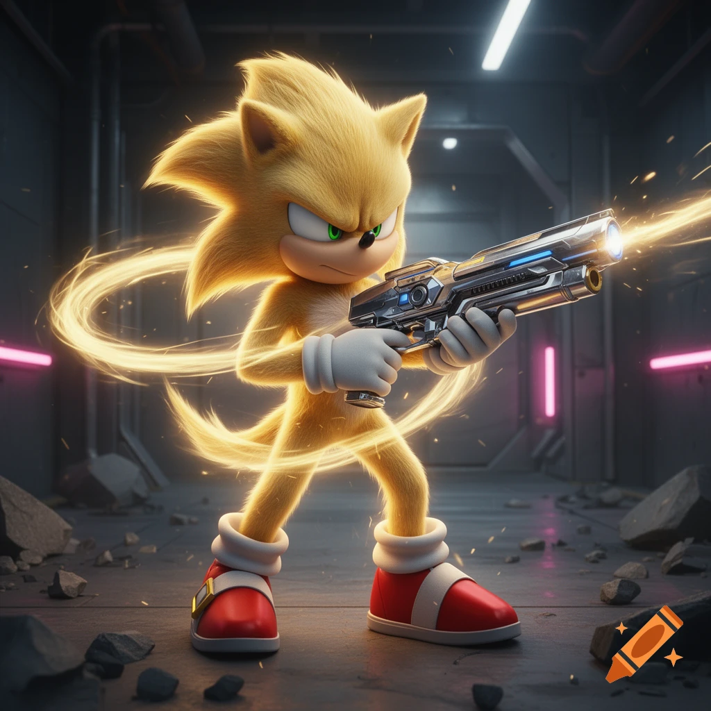 Super Sonic with glowing yellow fur and green eyes, holding a futuristic gun emitting a light beam, in a dark, damaged sci-fi corridor.