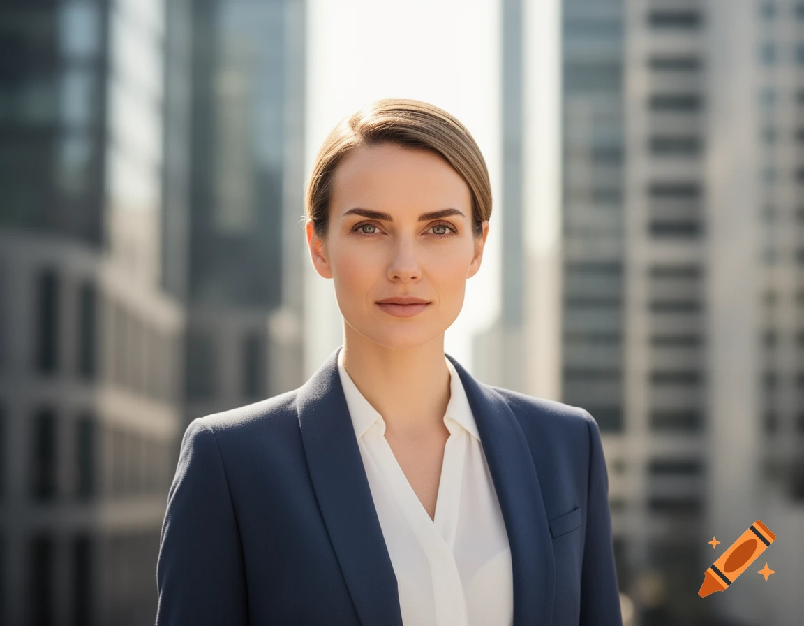 A professional woman in a dark blue blazer and white shirt gazes directly ahead, standing outdoors in front of blurred modern city buildings.