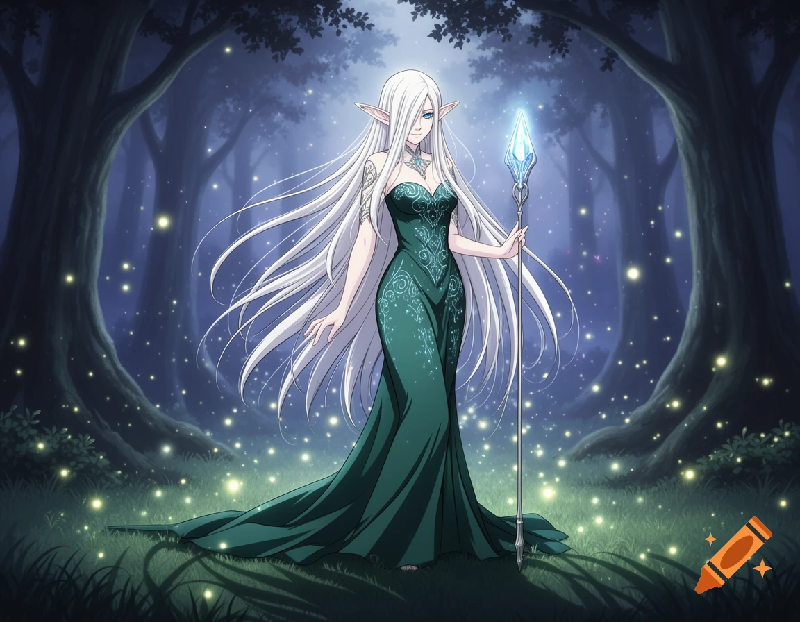 An anime elf with long white hair in a green dress holds a glowing staff in a magical forest filled with fireflies.