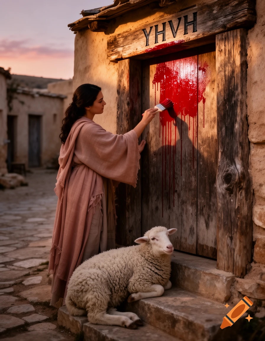 A woman in ancient robes paints a red substance on a wooden doorpost with 'YHVH' above it, while a lamb rests nearby.