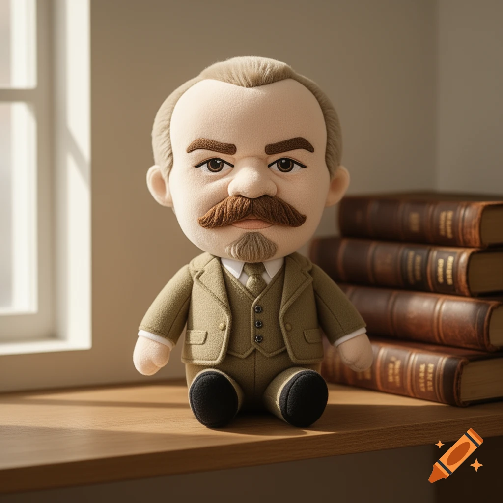 A photorealistic plush toy of Lenin, wearing a suit and tie, sitting on a wooden shelf next to a stack of antique books.