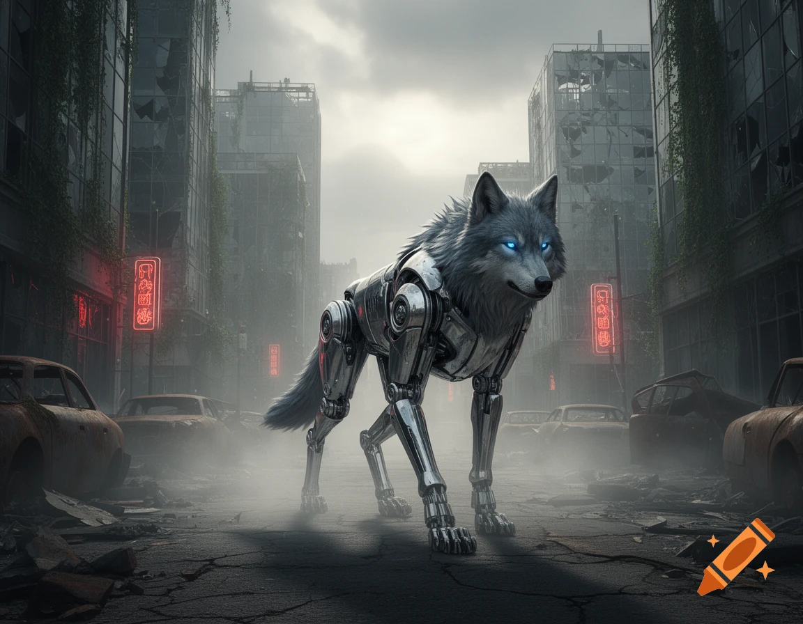 Photorealistic robotic wolf with glowing blue eyes in a foggy, abandoned city street with ruined buildings and cars.