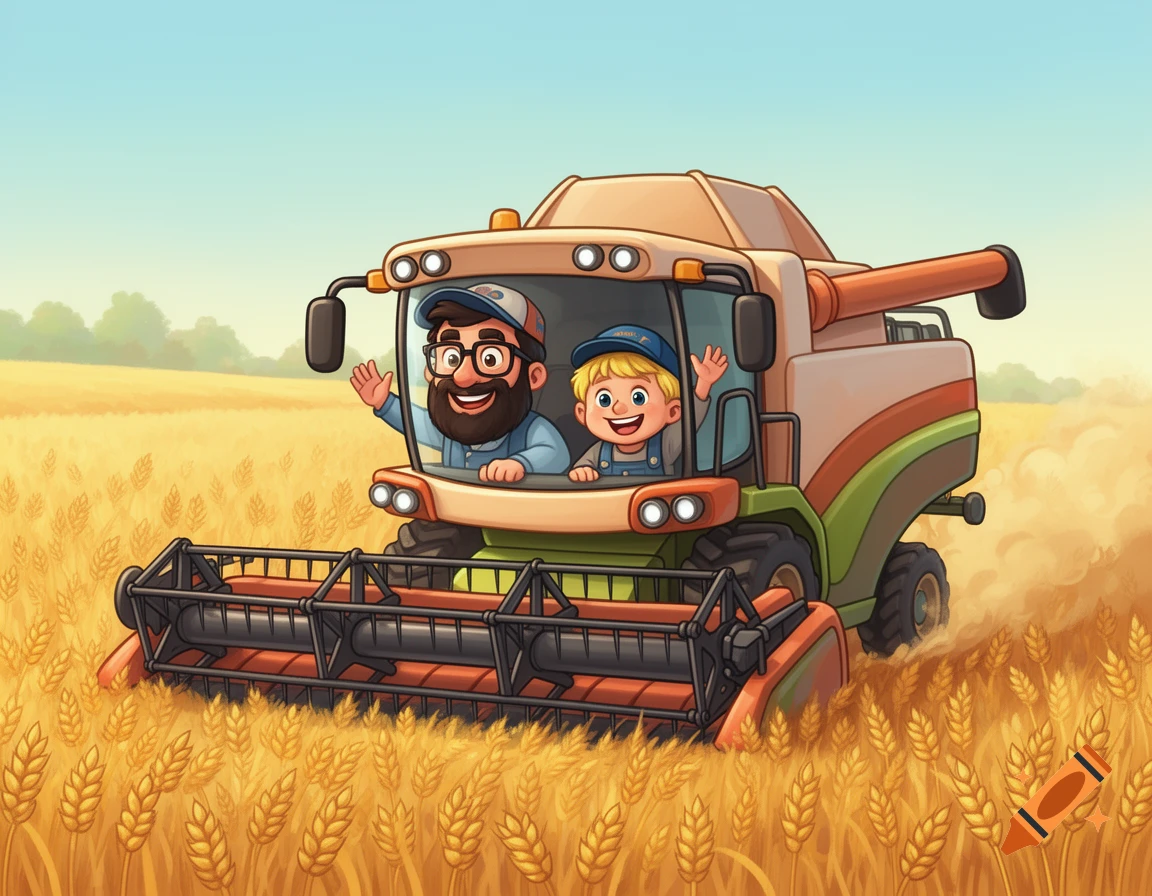 A cheerful cartoon father and son wave from a combine harvester driving through a golden wheat field.