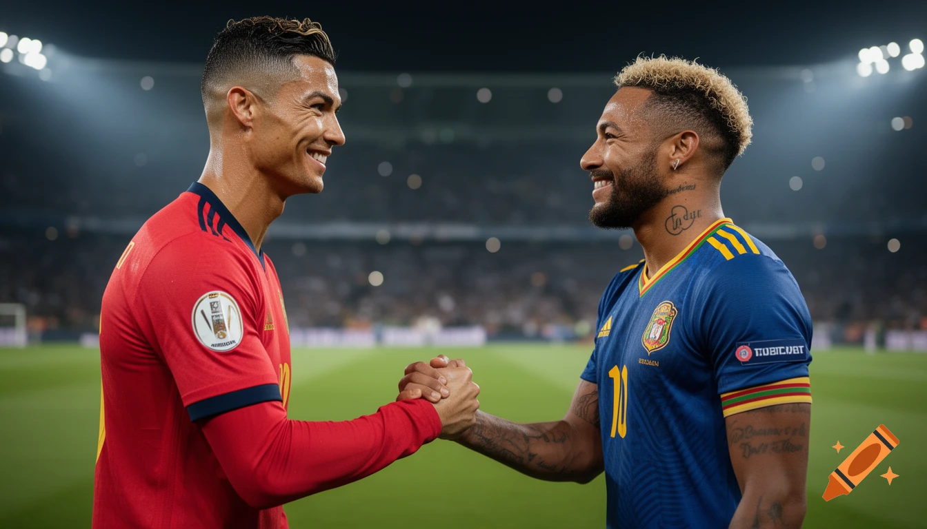 Photorealistic image of Cristiano Ronaldo and Neymar Jr. shaking hands and smiling on a floodlit football pitch.