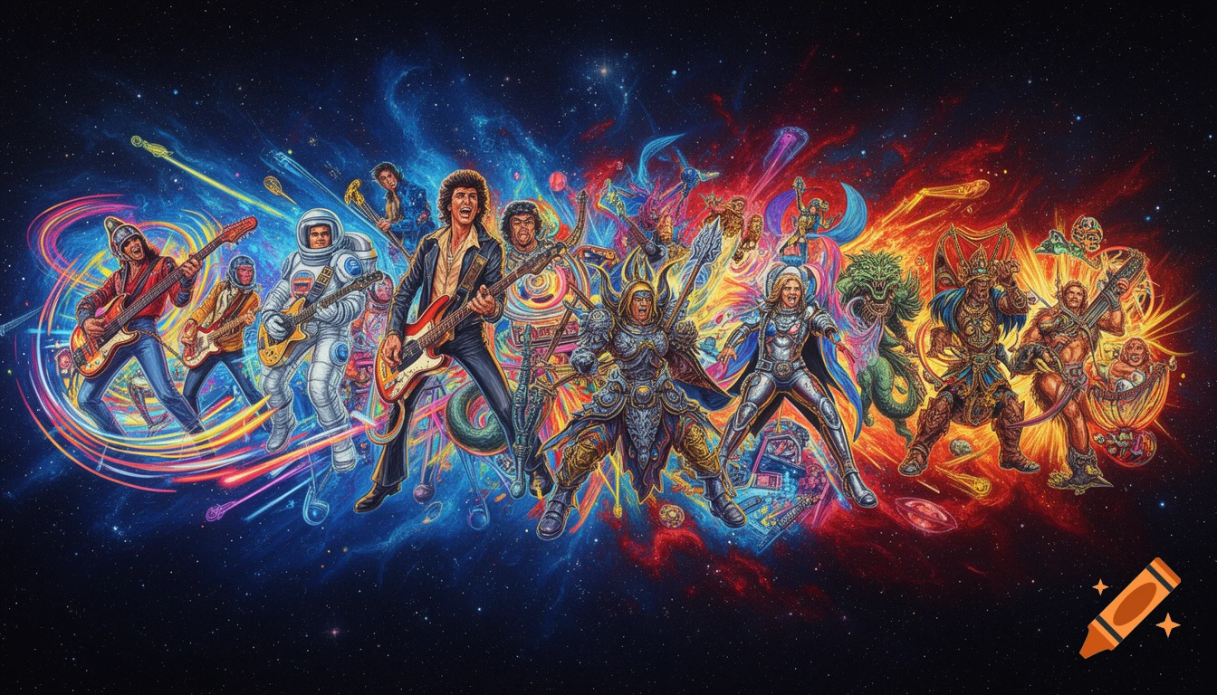 A vibrant, detailed illustration of diverse fantasy and sci-fi characters, some playing electric guitars, in a cosmic space.