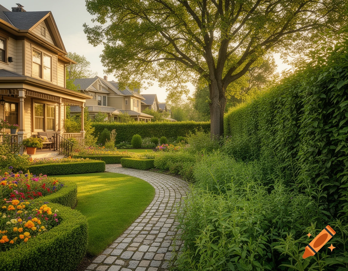 A winding cobblestone path through a vibrant garden with colorful flowers and manicured bushes, leading past a charming house towards a lush tree and dense hedges.
