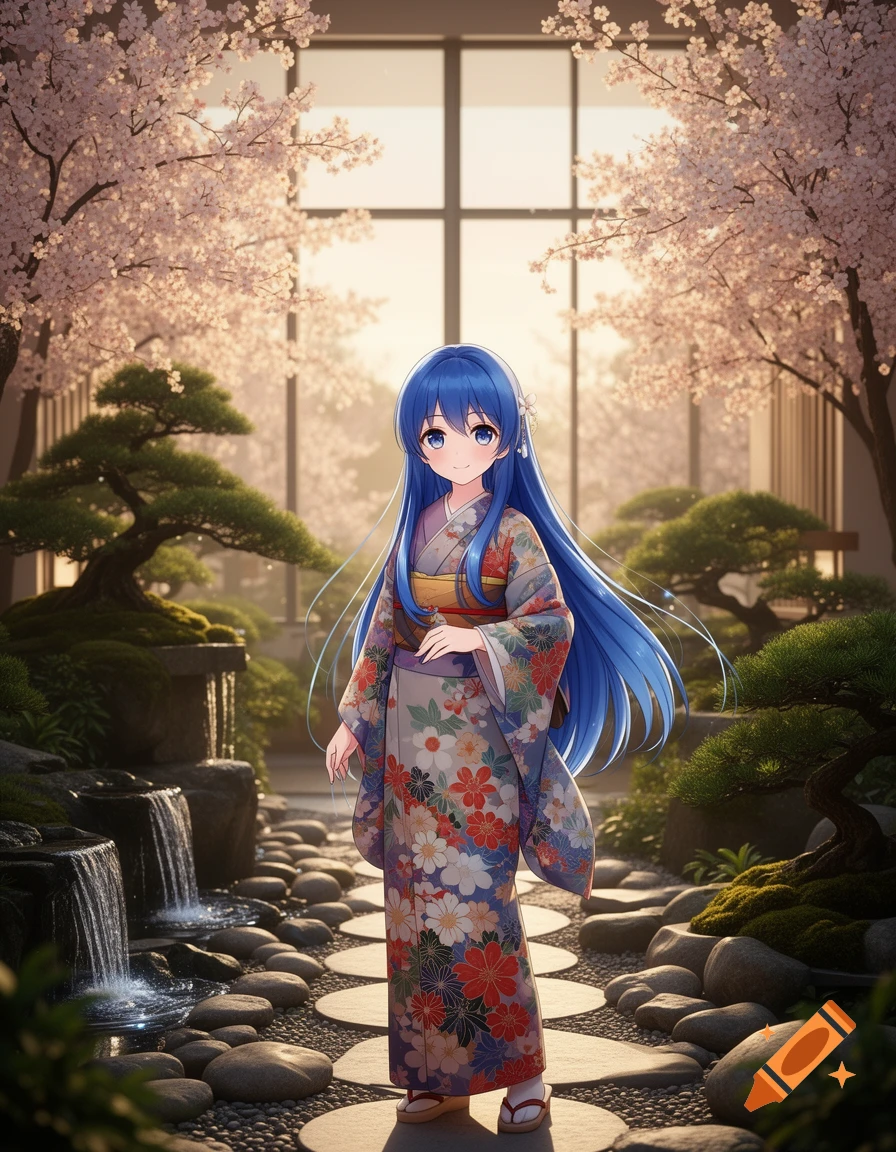 An anime girl with long blue hair and a floral kimono stands in a Japanese garden with cherry blossoms and a waterfall.