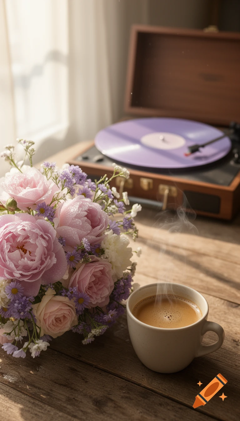 A bouquet of pink and purple flowers with dew drops, a steaming coffee cup, and a record player with a purple vinyl on a wooden table, in soft sunlight.