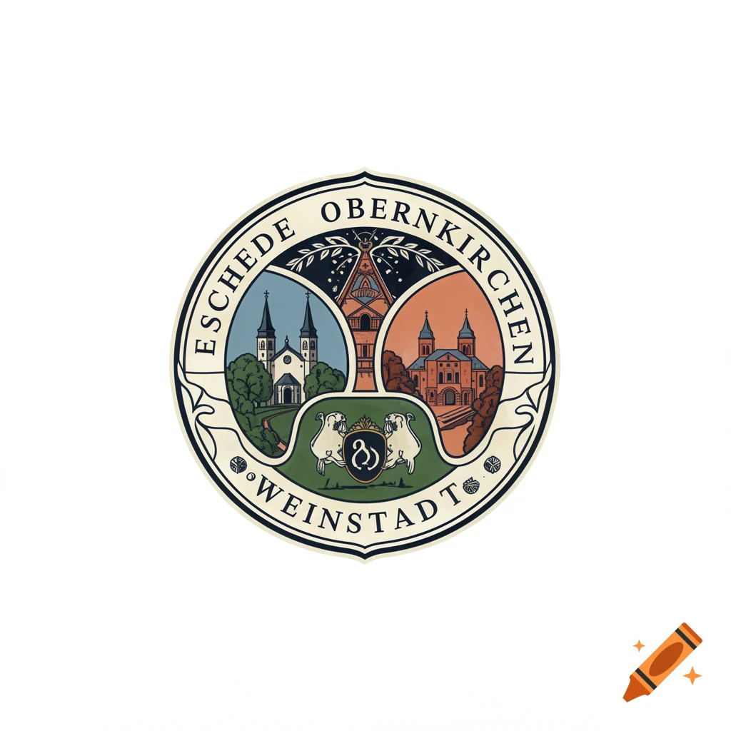 A colorful circular logo for Eschede, Obernkirchen, and Weinstadt, featuring a split landscape with churches, a central tower, and two stylized sheep.