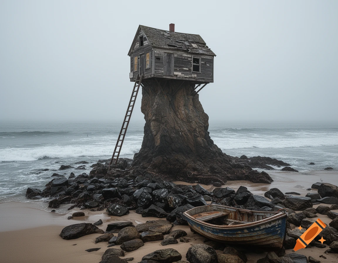 Photorealistic image of a dilapidated wooden house on a tall rock on a desolate sandy beach, with a ladder and a worn boat.