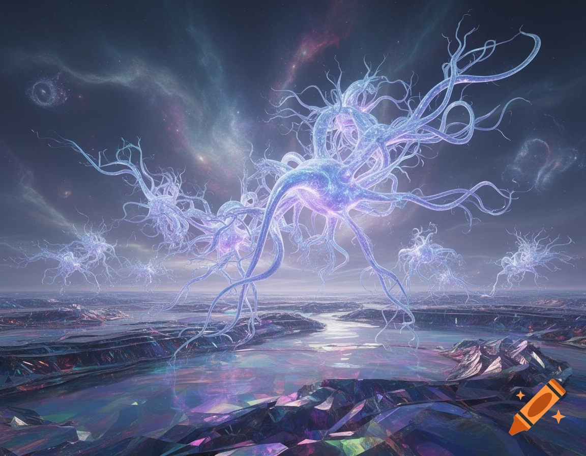Glowing, crystalline neuron-like structures float above a reflective, multifaceted alien landscape under a cosmic sky.