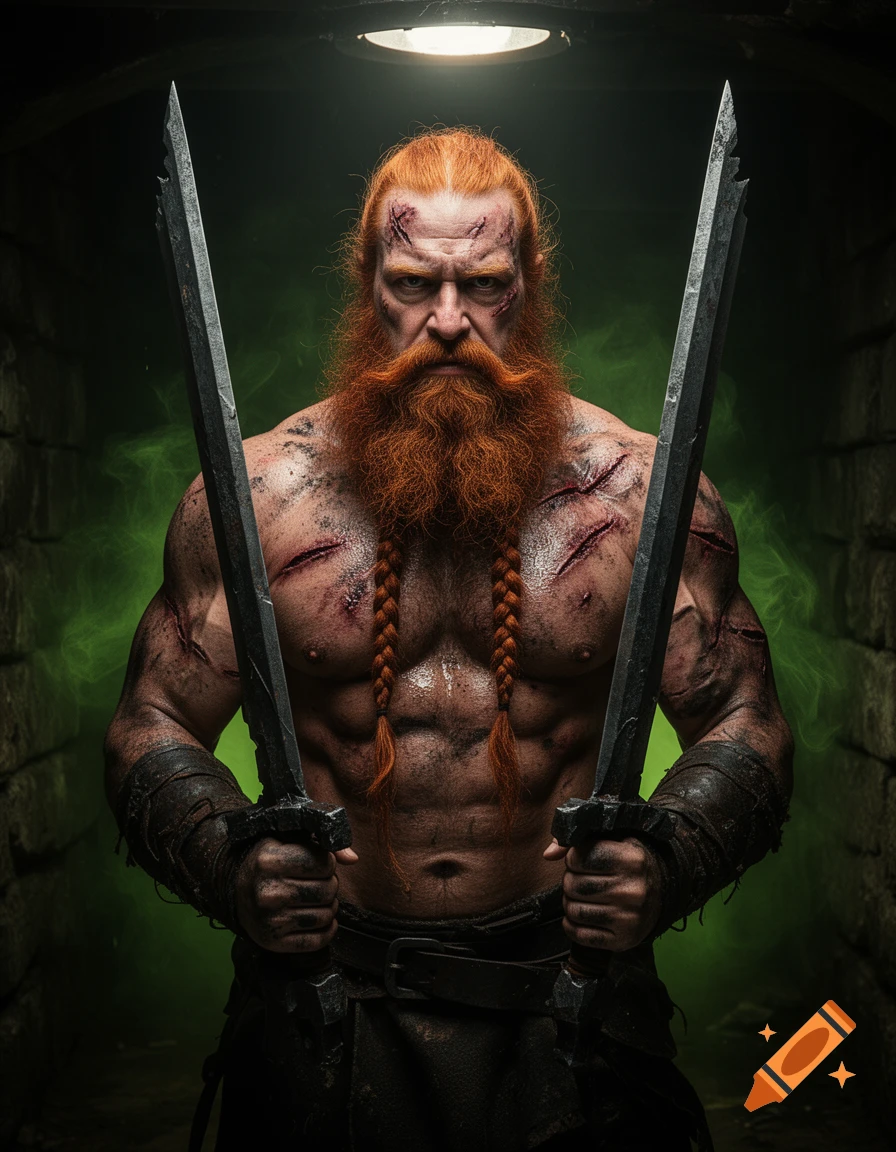 A muscular, battle-scarred dwarven warrior with a braided red beard dual-wields jagged swords in a dark, smoky dungeon.