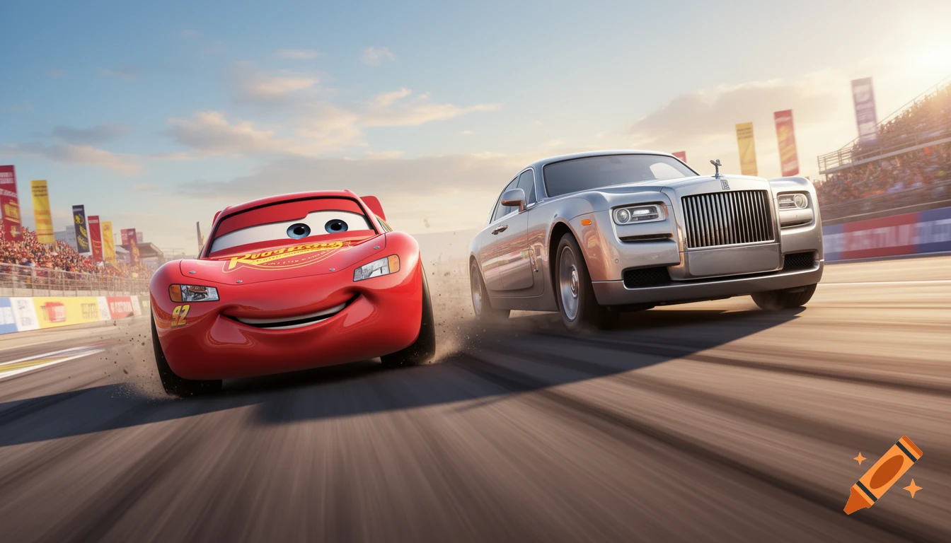 Lightning McQueen, a red animated race car, speeds alongside a silver Rolls Royce on a racetrack with spectators under a sunset sky.