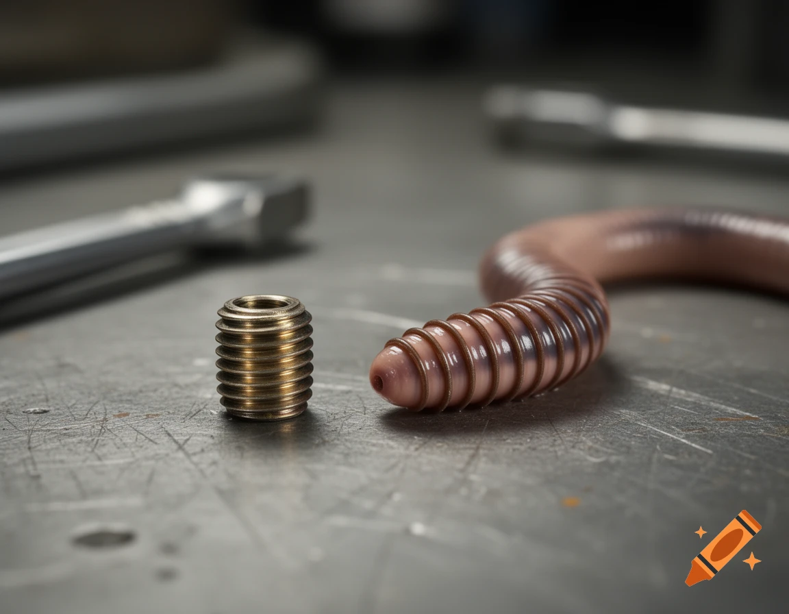 A realistic worm with a threaded body next to a small brass grub screw on a textured metal surface.