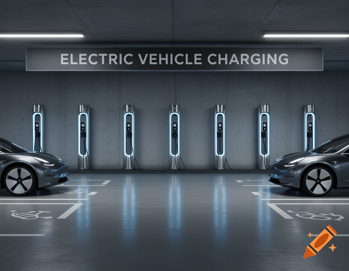 Photorealistic image of electric vehicle charging points and two grey cars in an underground car park.