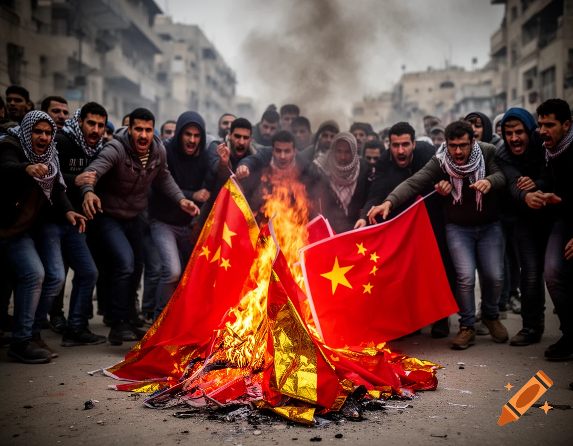 A crowd of angry men stand around burning Chinese flags in a street with buildings in the background.