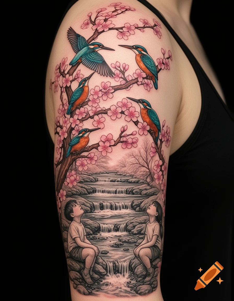 A detailed arm tattoo features vibrant kingfishers among pink cherry blossoms, with children by a waterfall below.