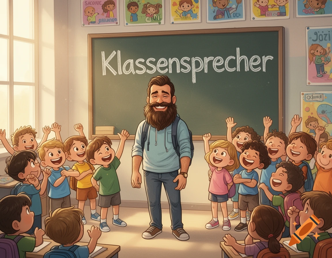 Illustration of a smiling bearded man in a classroom with children raising hands, 'Klassensprecher' on the blackboard.