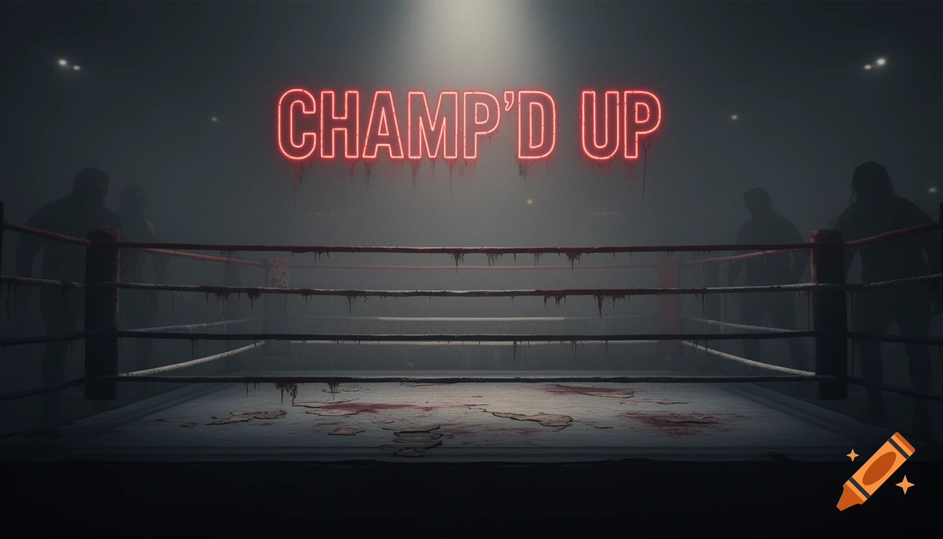 Dark, blood-splattered boxing ring under a spotlight with shadowy figures, red neon 'CHAMP'D UP' sign, horror aesthetic.