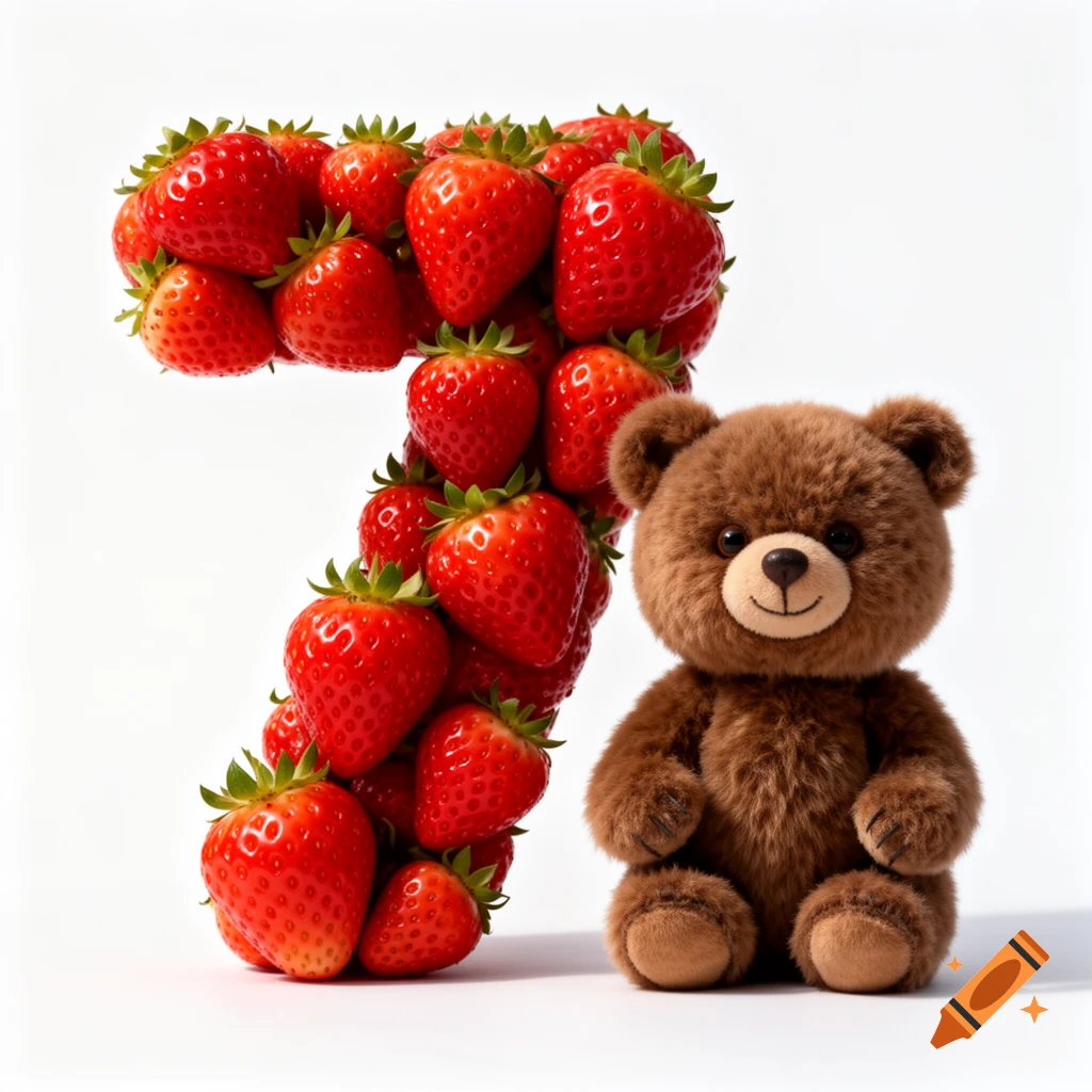 A brown teddy bear sits next to a large number seven formed by fresh red strawberries.