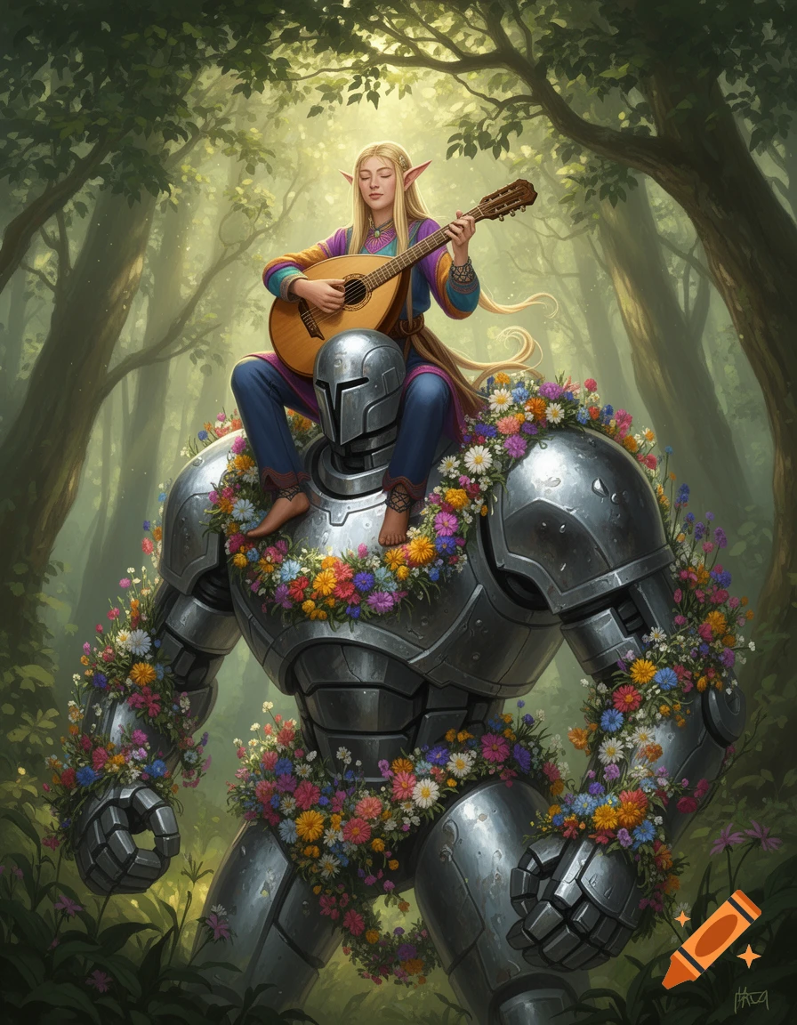 A blond elf-like bard plays a lute while sitting on the shoulder of a large, flower-covered robot in a sunlit forest.