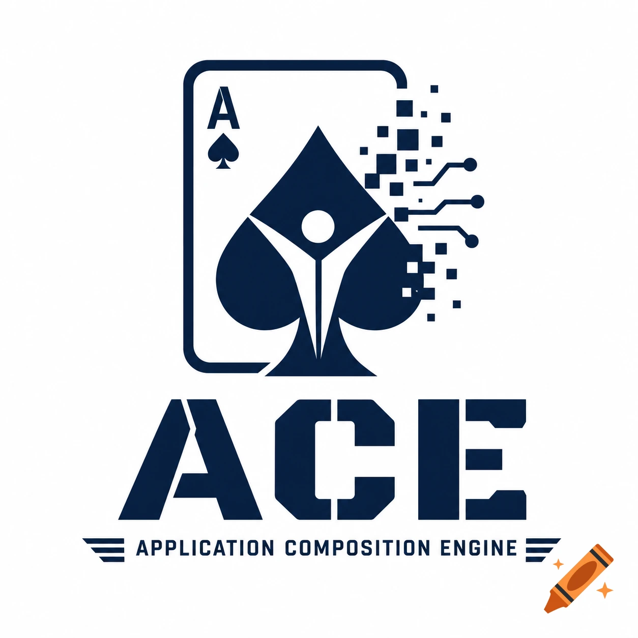 A blue and white logo features an ace of spades with a stylized human figure and digital circuit elements, above the text 'ACE' and 'APPLICATION COMPOSITION ENGINE'.